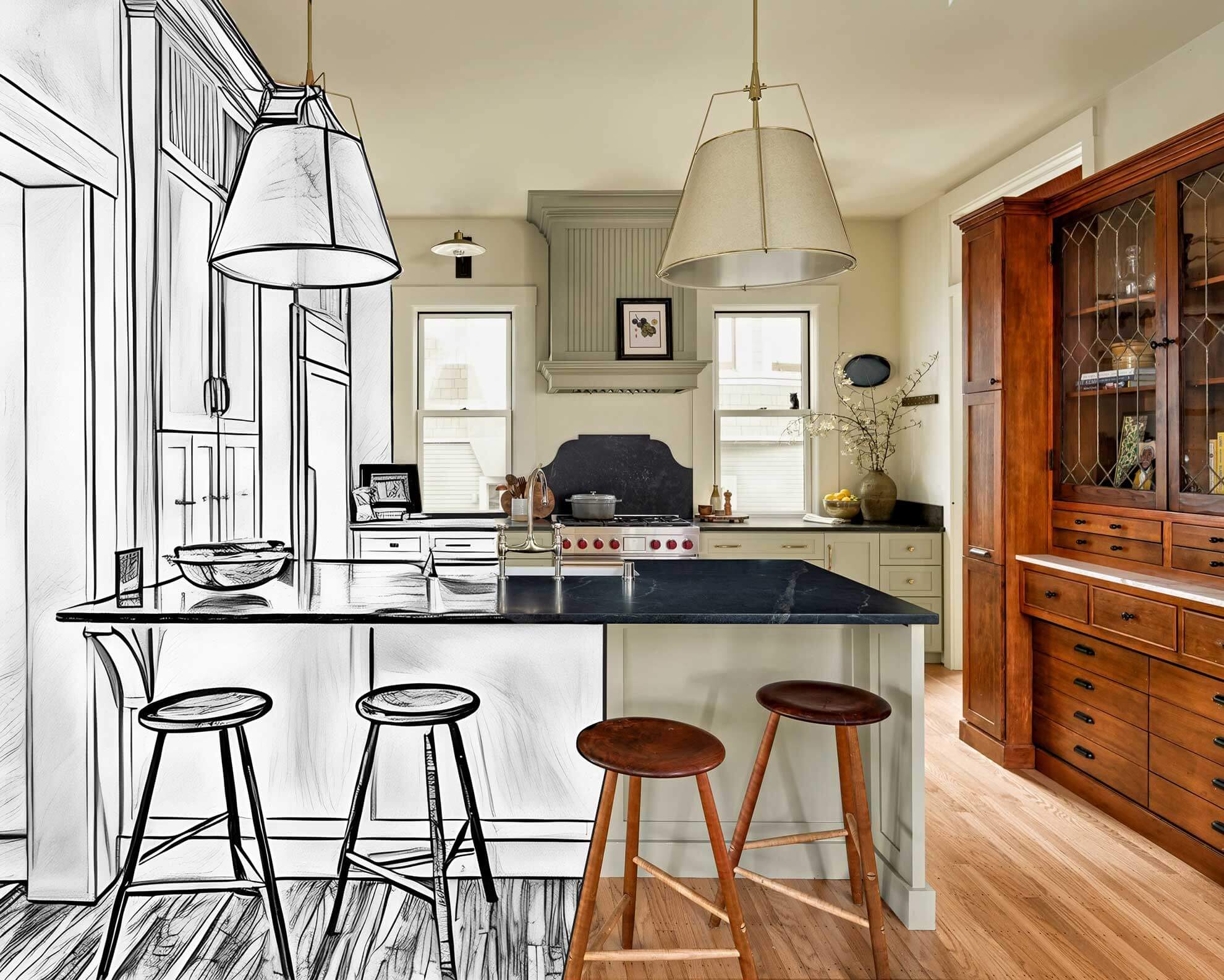 Kitchen that is half-drawn, half-completed.